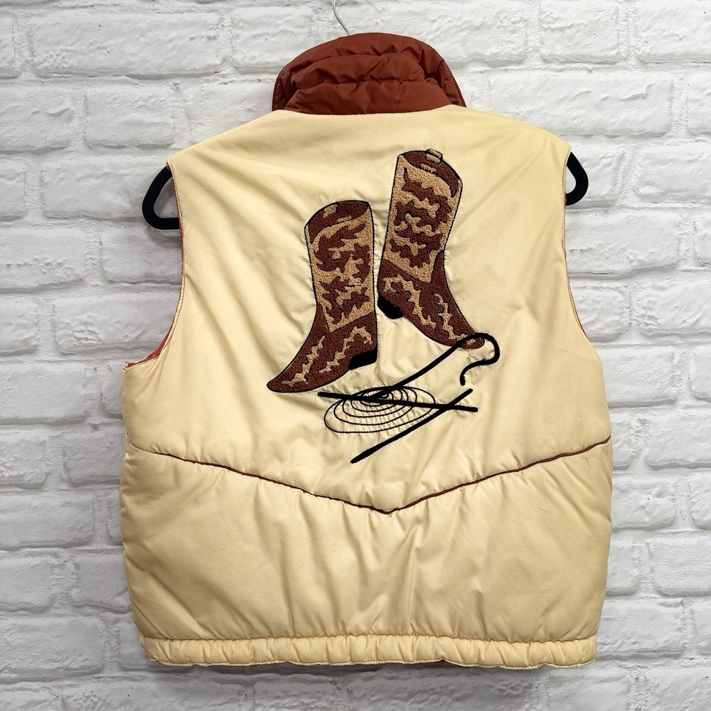 Vtg Women's Large Southwest Embroidered Puffer Vest Boots Lasso Western Snap Up